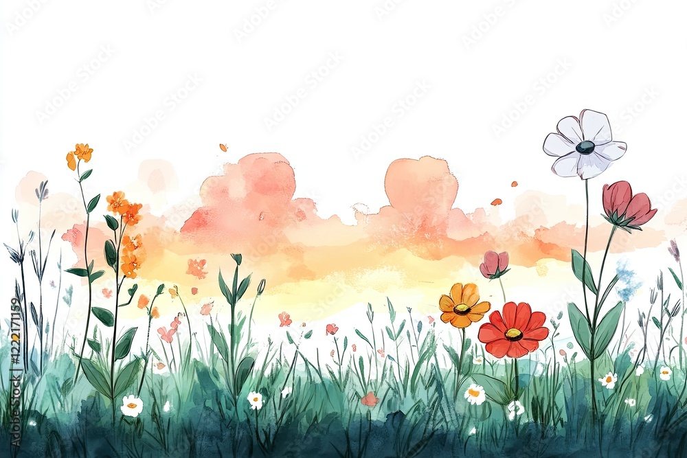 Fototapeta premium Watercolor painting of a field of colorful flowers against a sunset sky.