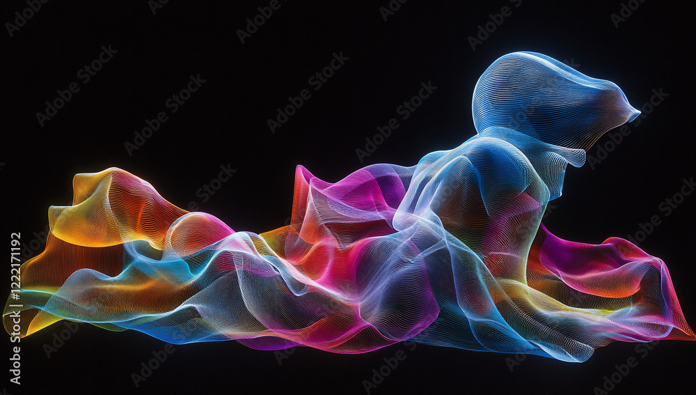 Ethereal figure gracefully flowing through vibrant waves of color against a dark backdrop, symbolizing motion Ethereal figure gracefully flowing through vibrant waves of color against a dark backdrop, symbolizing motion