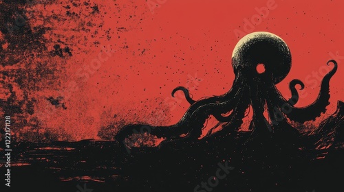 Crimson Sky Kraken Rising From Depths