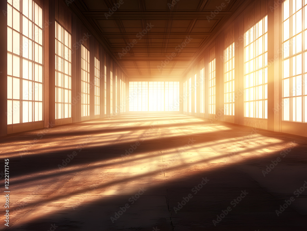serene interior of deserted warehouse with tall windows, illuminated by warm sunlight, casting long shadows on floor, creating tranquil atmosphere serene interior of deserted warehouse with tall windows, illuminated by warm sunlight, casting long shadows on floor, creating tranquil atmosphere