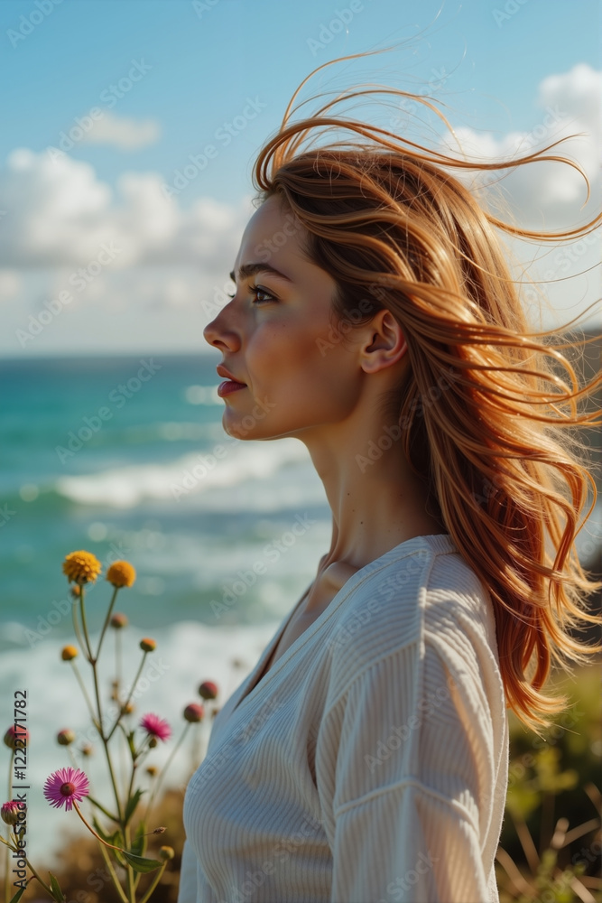 Fototapeta premium Contemplative young woman on cliff with ocean breeze, seeking clarity