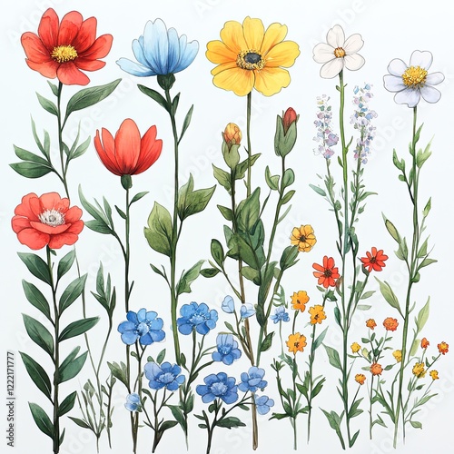 Watercolor painting of a variety of colorful flowers on a white background.