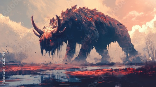 Stone Beast Stalks Marshy Landscape Under Sunset Sky