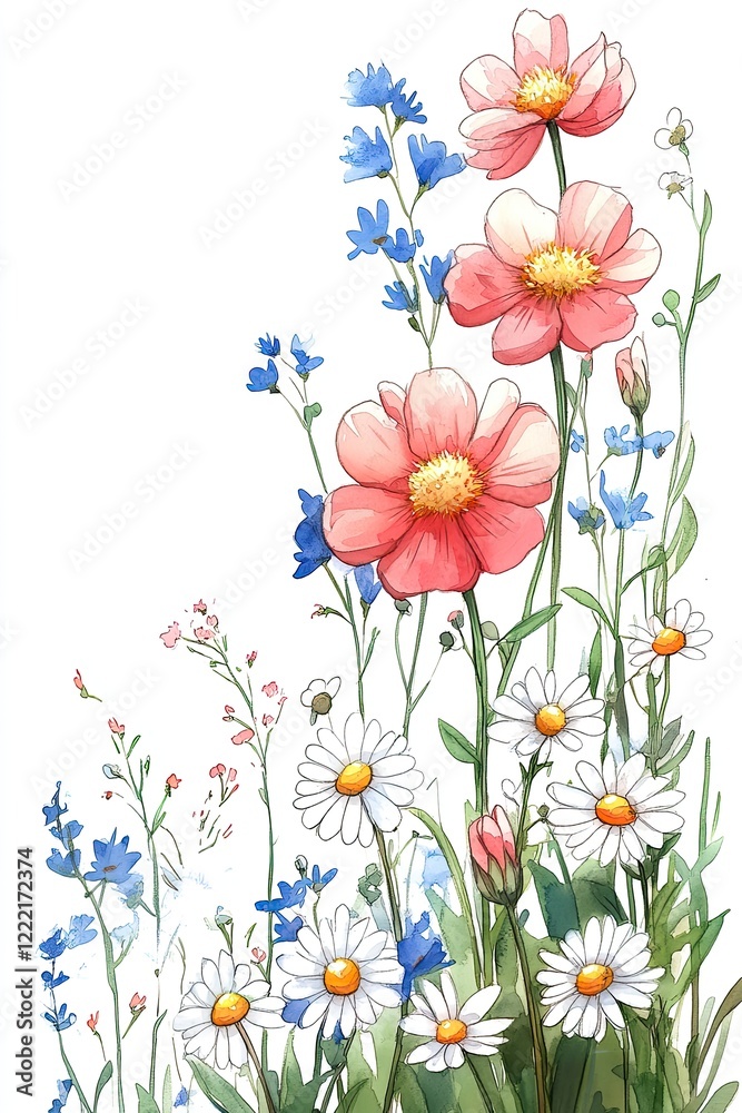 Obraz premium Watercolor painting of pink, white, and blue wildflowers.