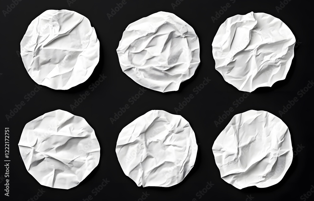 Fototapeta premium Six crumpled white paper circles on black background. (3)
