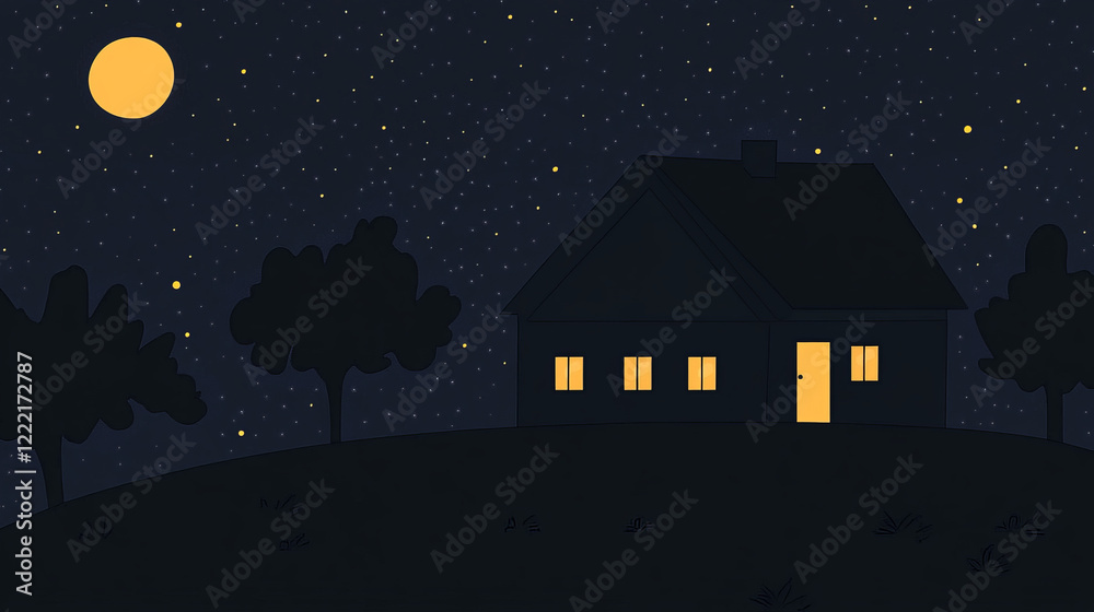 Naklejka premium House at night, building with glowing windows in the dark, cartoon vector illustration