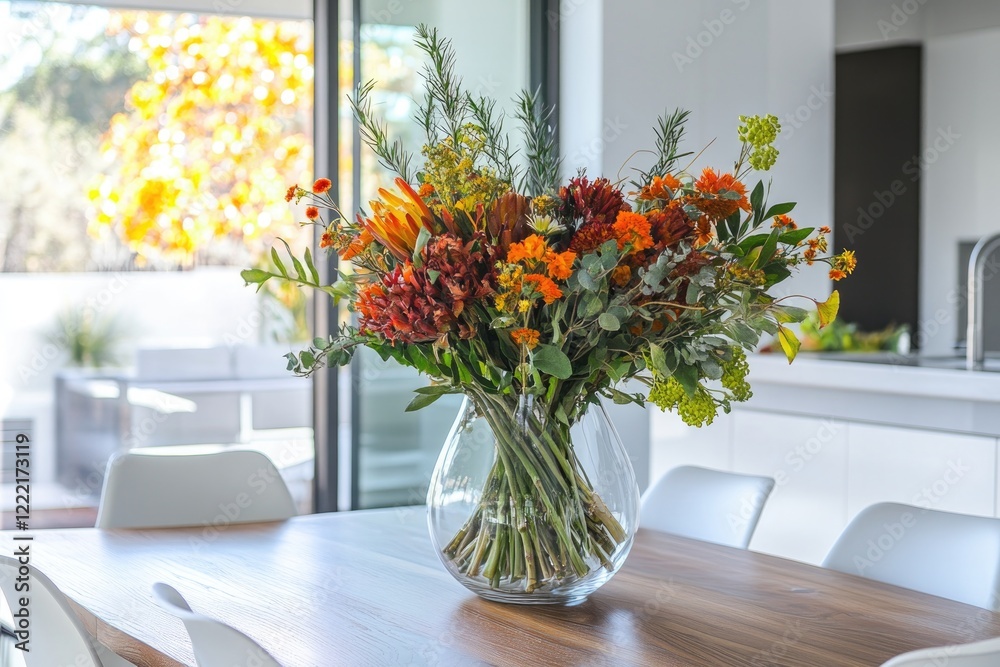 Fototapeta premium bright and open kitchen-dining space featuring white cabinets wooden dining table and modern white chairs