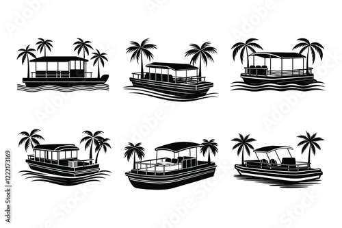 Set of pontoon with palm trees silhouette art illustration