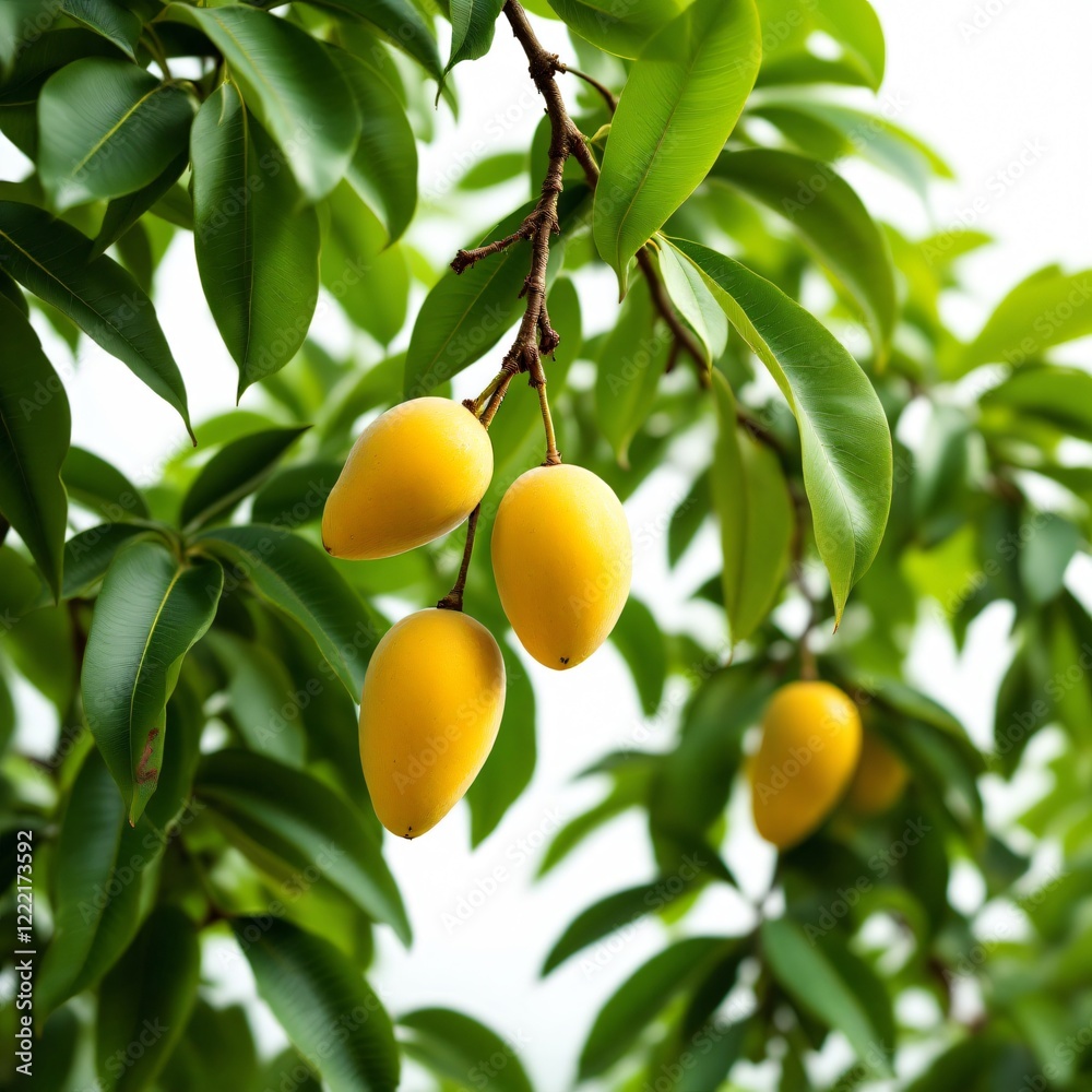 Three Ripe Yellow Marian Plum Hanging from a Lush Green Tree Branch Three Ripe Yellow Marian Plum Hanging from a Lush Green Tree Branch