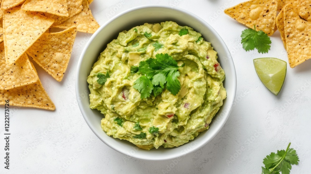 A bowl of fresh guacamole with a side of tortilla chips, guacamole centered in a simple white bowl, Overhead view with bright natural light A bowl of fresh guacamole with a side of tortilla chips, guacamole centered in a simple white bowl, Overhead view with bright natural light