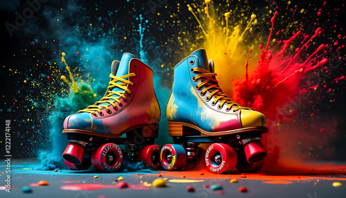 Roller skates in bright blue and yellow are placed on a black surface, with vivid red and blue paint splashes exploding around them, showcasing a playful and artistic vibe.