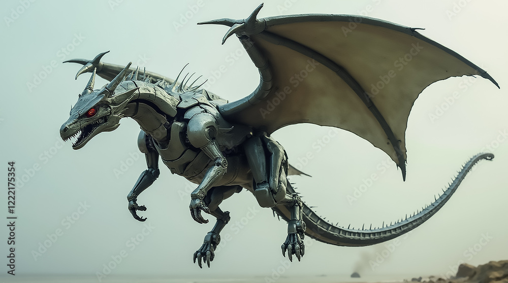 A metallic dragon hovers over a rocky terrain during dusk, showcasing intricate design and striking red eyes. Its wings are outstretched, reflecting a blend of fantasy and technology. A metallic dragon hovers over a rocky terrain during dusk, showcasing intricate design and striking red eyes. Its wings are outstretched, reflecting a blend of fantasy and technology.