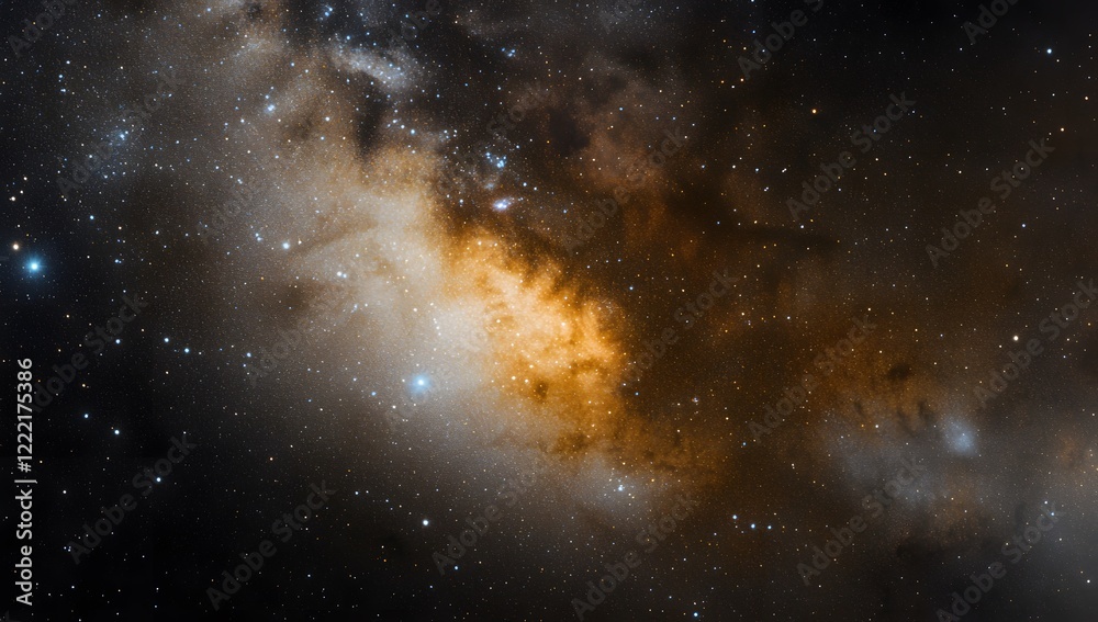 Fototapeta premium Cosmic nebula with orange and yellow hues, stars, and interstellar dust.