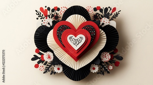 Three dimensional valentines card with a heart symbol black and red accents and romantic wedding invitation design highlighting love and celebration