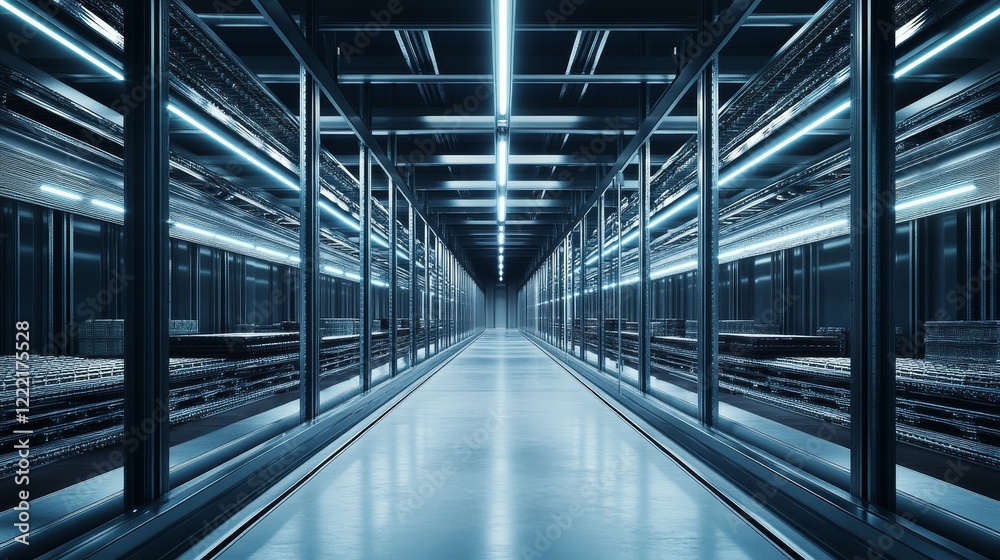 Empty warehouse interior with metal racks. Storage room in factory, supermarket or distribution hangar with shelves for cargo, stock and goods, vector cartoon illustration Empty warehouse interior with metal racks. Storage room in factory, supermarket or distribution hangar with shelves for cargo, stock and goods, vector cartoon illustration