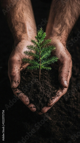 young tree being planted in fertile soil, symbolizing growth and care. hands are nurturing sapling, showcasing importance of environmental stewardship and sustainability