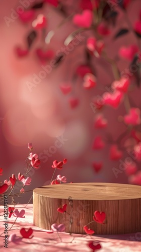Romantic Wooden Stand Surrounded by Blurred Red Heart Decorations