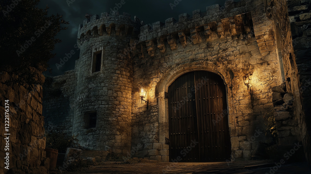 Fototapeta premium Medieval castle with stone wall, wooden door and glowing windows at night. Vector cartoon illustration of old fortress or temple exterior with closed gate with knob