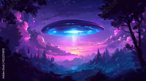 Alien Spaceship Over Purple Landscape at Sunset