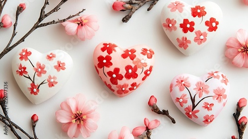 Valentines day card design featuring heart shaped flowers painted with pink and red blossoms set on a white background with a romantic theme