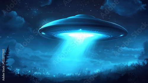Nighttime UFO hovering over a city skyline