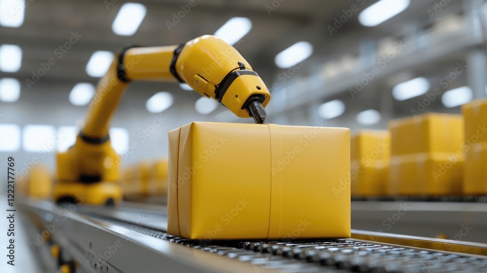 Fototapeta premium Robotic arm handling package on conveyor belt in warehouse