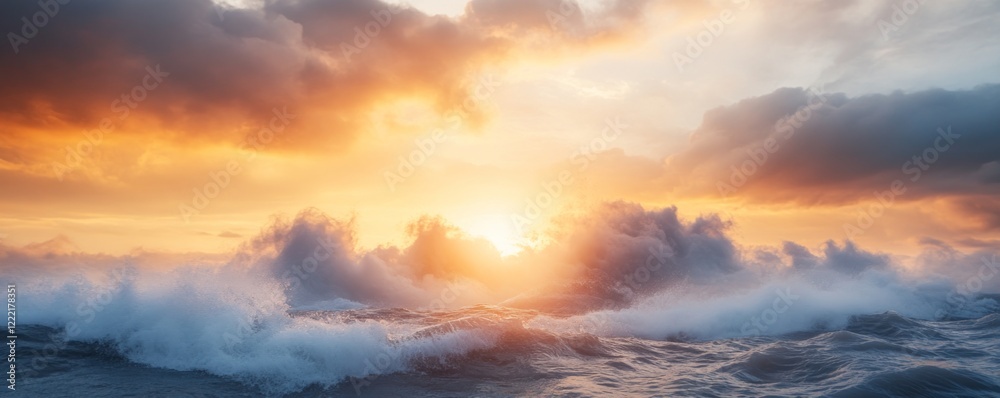Fototapeta premium Analysis and Global Warming concept. Vibrant sunset over ocean waves with dramatic clouds.