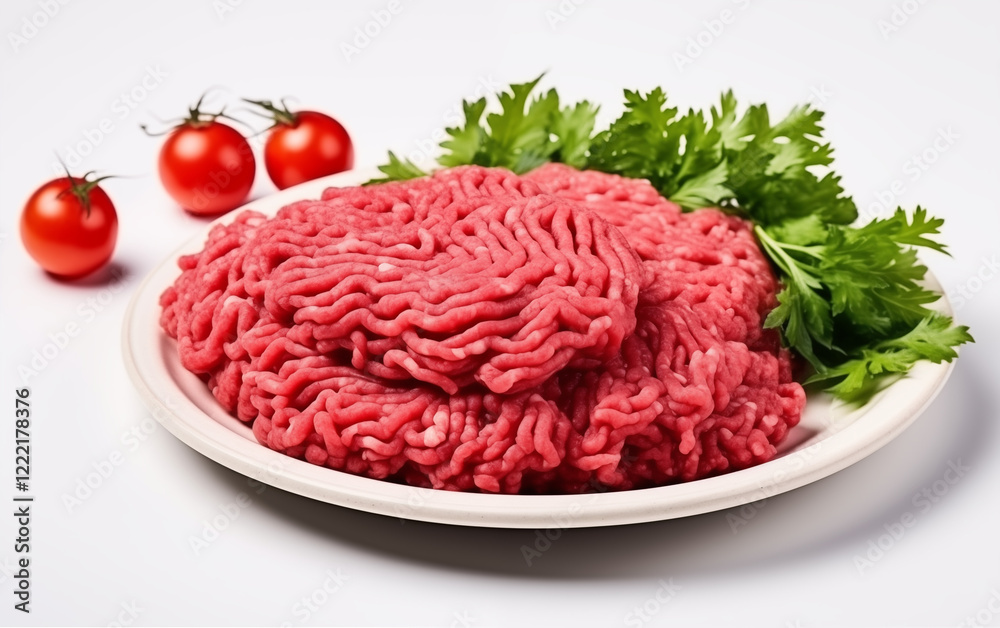 ground beef on the plate with cherry tomato and lettuce on the with white background ground beef on the plate with cherry tomato and lettuce on the with white background