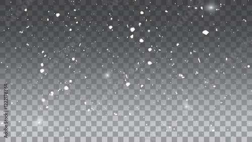 Falling snow elements in different shapes and sizes. A realistic snowfall overlay effect on a transparent background. Vector illustration of various sizes white snowflakes creating wintry atmosphere.