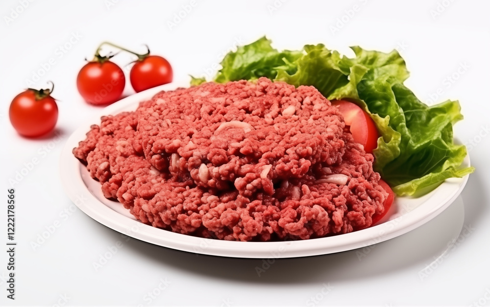 ground beef on the plate with cherry tomato and lettuce on the with white background ground beef on the plate with cherry tomato and lettuce on the with white background