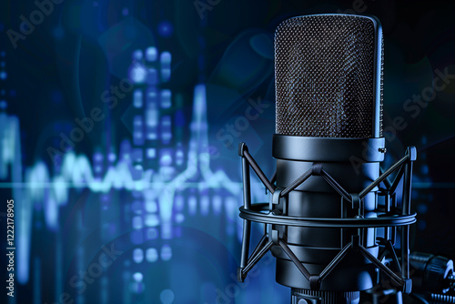 Microphone with waveform on blue background.