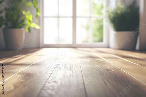 Sunlit wooden floor near window with plants.