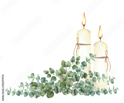 Burning candles with Eucalyptus silver dollar plant green branches Religious Watercolor hand drawn arrangement for first communion, Easter, baptism, wedding card isolated from background illustration 