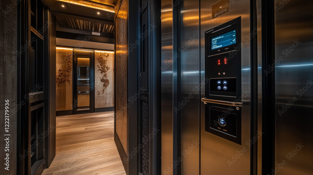 Empty elevator cabin with closed steel doors inside view. Vector realistic interior of passenger lift with buttons panel and digital display with number of floor in house or office building Empty elevator cabin with closed steel doors inside view. Vector realistic interior of passenger lift with buttons panel and digital display with number of floor in house or office building