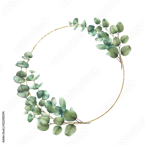 Eucalyptus leaves and branches in circular golden frame. Watercolor hand drawn Silver dollar plant wreath illustration. Round template for wedding invitations, greeting cards. Isolated from background