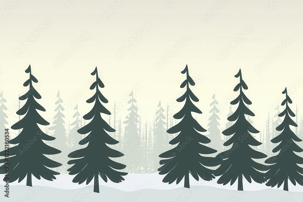 Obraz premium Forest Dawn Gradient: A forest scene where the sky transitions from a misty gray at the tree line to a pale, early morning yellow