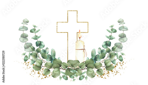 Photography Golden Cross with burning candle and green eucalyptus branches on gold splashes and stains