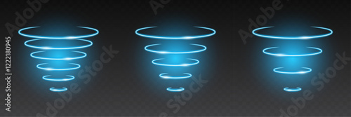 3D Neon Wi-Fi and Wireless Connection Icons. Glowing Blue Signal Effects for Wireless Networking. Wifi, sensor, radar, RFID and round circle waves wireless technology concept. 