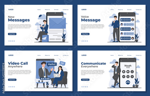 Landing page template showcasing communication concepts, including voice mail, video calls, and messaging