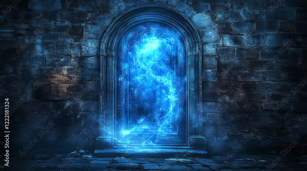 Fototapeta premium Magic portal with stone doorway and blue glow vortex. Cartoon vector illustration set of fantasy game and fairytale door. Wizard teleport in medieval scene. Fantastic entrance to parallel world.