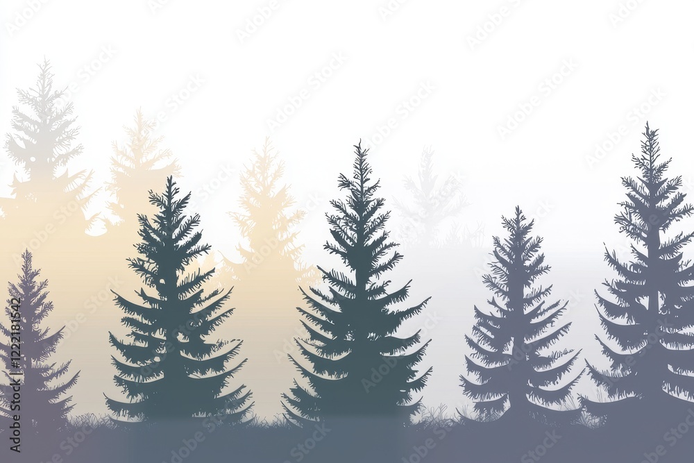 Fototapeta premium Forest Dawn Gradient: A forest scene where the sky transitions from a misty gray at the tree line to a pale, early morning yellow