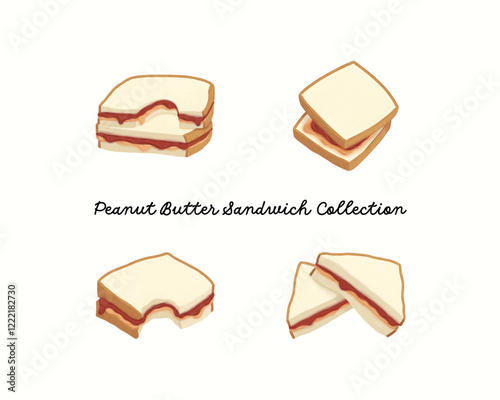 Set food illustration of peanut butter jelly and sandwich on white background