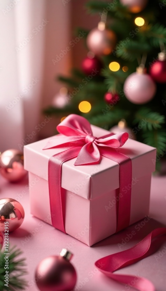 Pink Christmas gift box placed on a table with ornaments, gift, decoration, box Pink Christmas gift box placed on a table with ornaments, gift, decoration, box