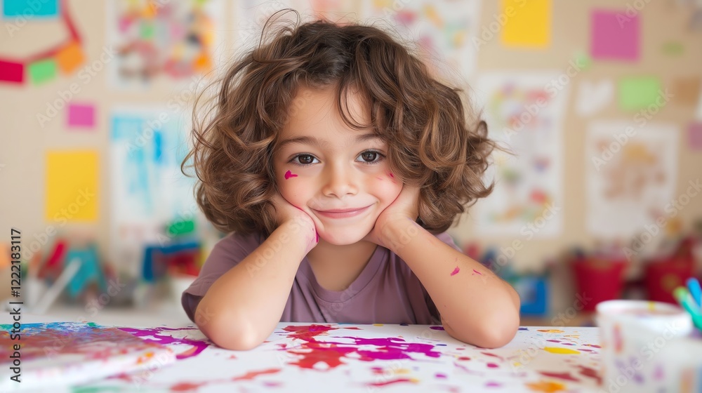 Fototapeta premium Creative Child with Curly Hair in Art Classroom Surrounded by Colorful Paintings