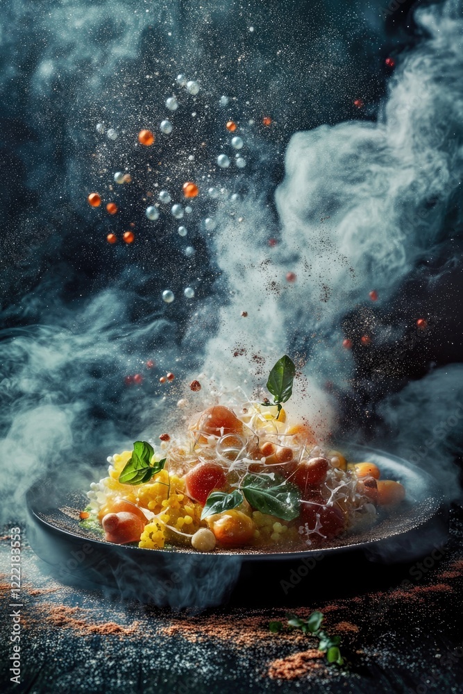 Dynamic food scene with vibrant ingredients exploding amidst dra Dynamic food scene with vibrant ingredients exploding amidst dra