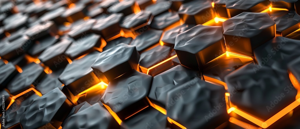 Obraz premium Ultra-wide abstract geometric hexagonal background featuring interwoven carbon fiber hexagons with bright energy light breaking through cracks – 3d rendering