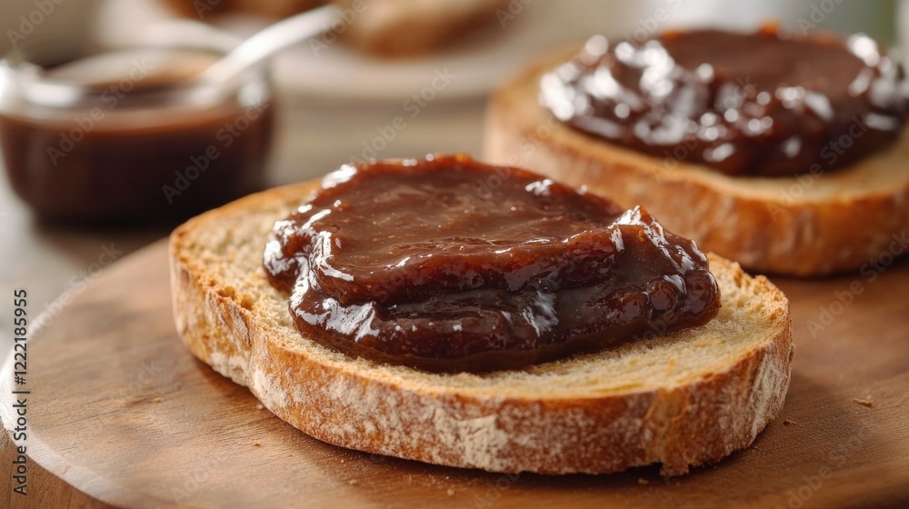 Rich chocolate spread generously layered on toasted bread, creat Rich chocolate spread generously layered on toasted bread, creat