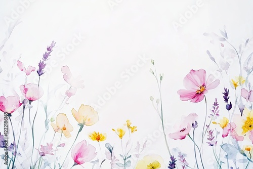 Delicate watercolor flowers create serene, colorful ambiance wit