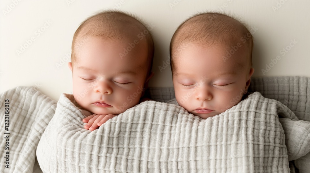 Baby Sleep Day. Peacefully sleeping twin newborns in soft white knitted hats and blankets. Baby Sleep Day. Peacefully sleeping twin newborns in soft white knitted hats and blankets.