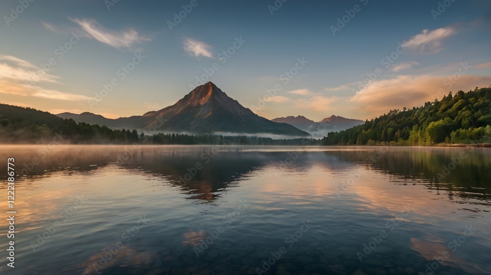 Sunrise over a serene mountain lake Sunrise over a serene mountain lake